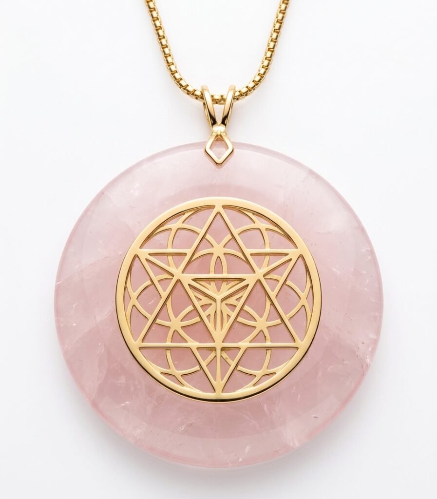 rose quartz pendant with gold star tetrahedra and silver seed of life